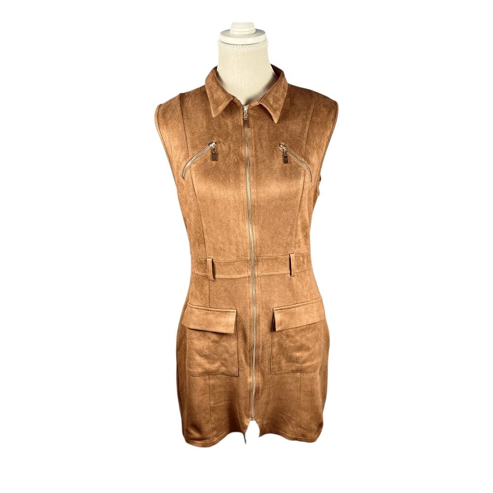 Retro Mod Faux Suede Zip Front Mini Dress Sienna Brown Size L